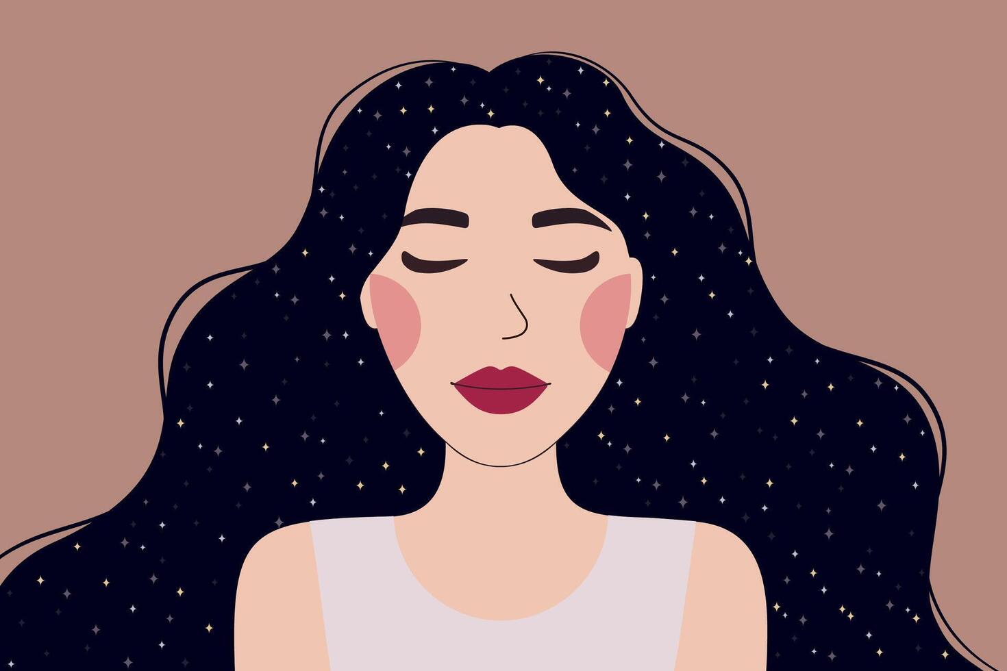 Happy woman feels healthy, calm, relax. Dream and Harmony. Mental health, Self care. World mental health day awareness vector