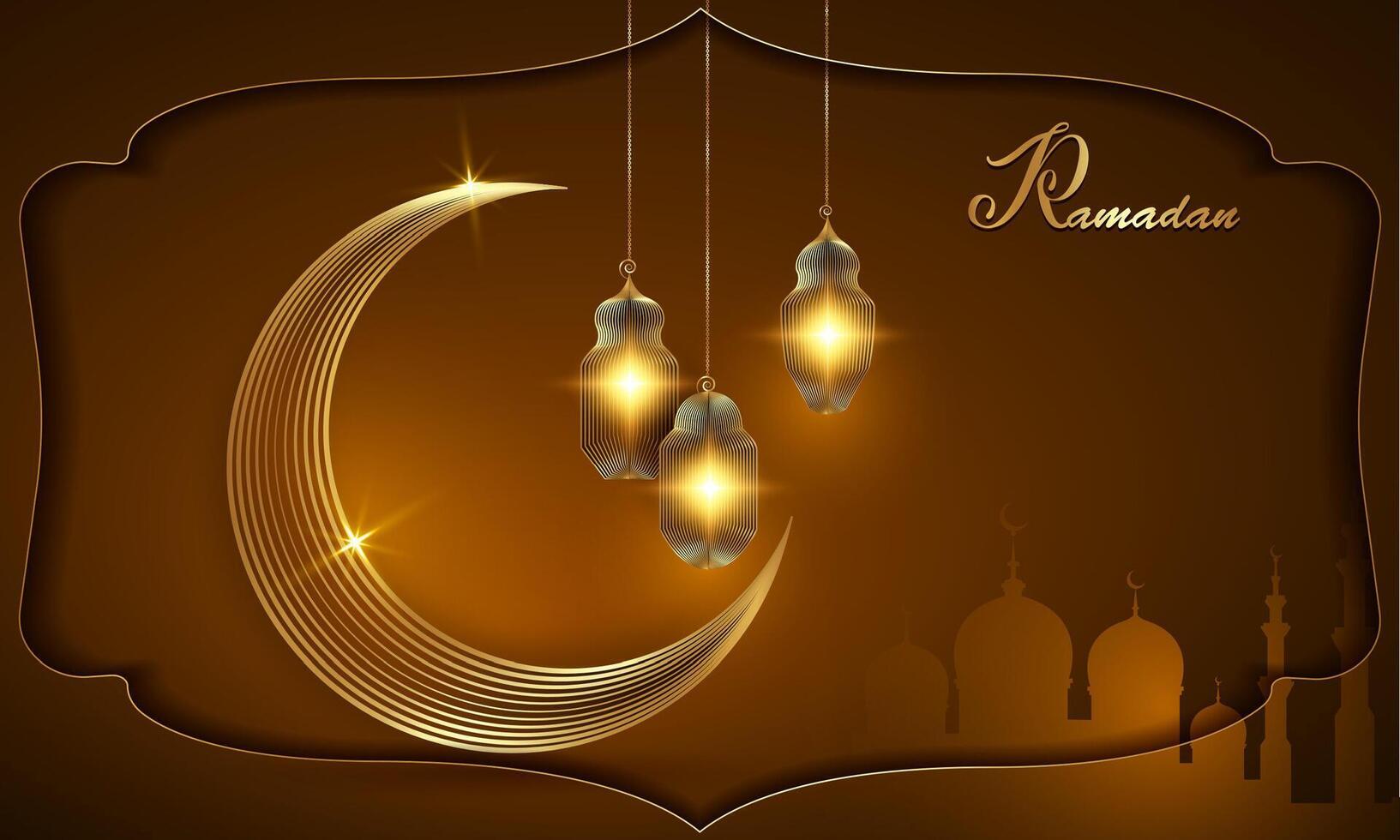 Ramadan background with gold Crescent Moon and Lanterns. golden Luxury arabic frame, Mosque template. Celebration of Muslim holiday, banner illustration vector