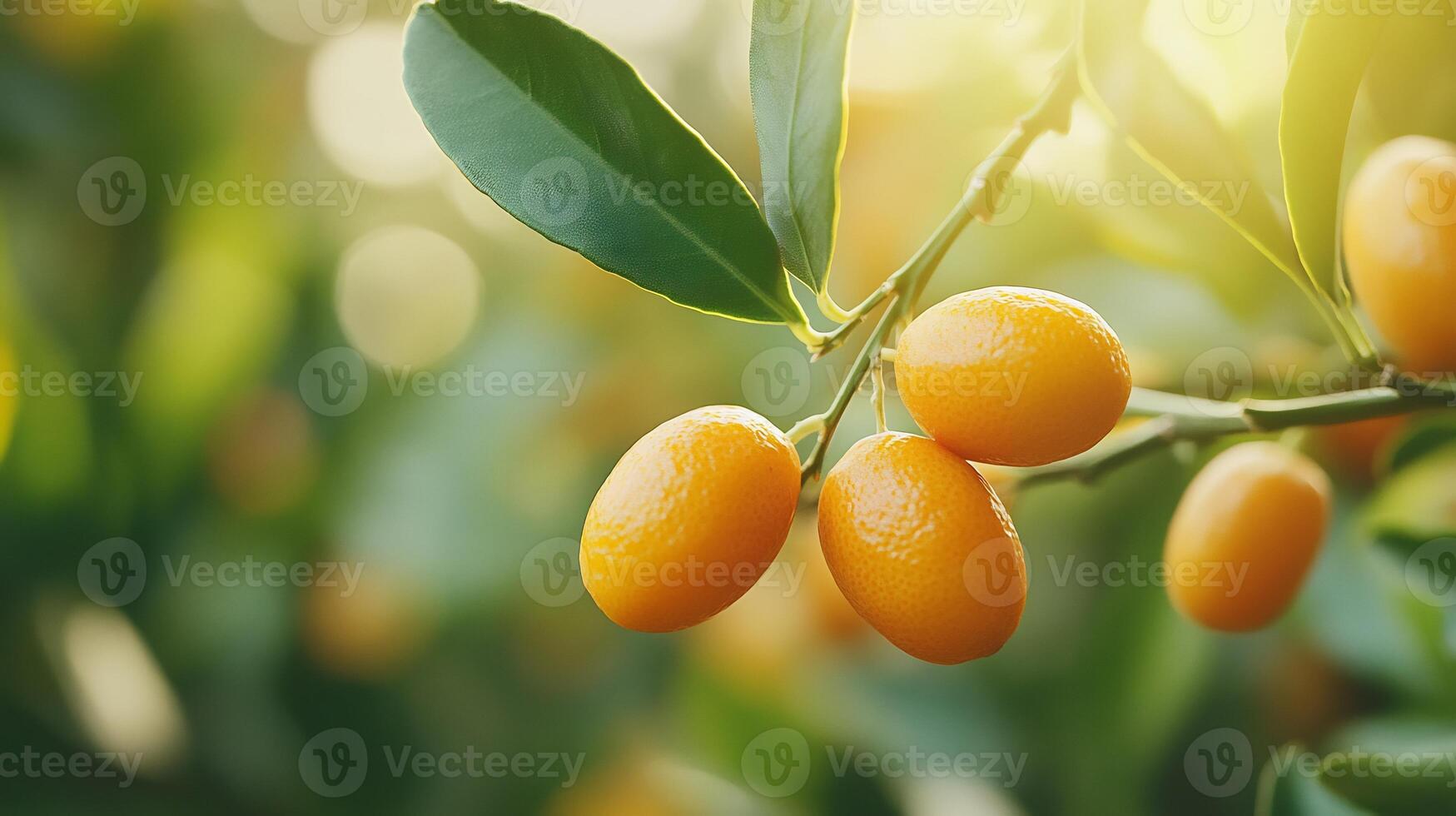 Branch kumquats small oval shaped fruits bright orange color surrounded soft green leaves sunlight casting gentle reflections fruits smooth surface close up sharp focus texture defocused background photo