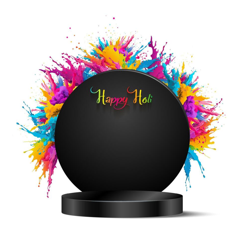 Happy Holi podium, Indian Festival of Colors. Splash of vibrant colors. Colorful powder explode, 3d podium for product display design, illustration isolated on white background vector
