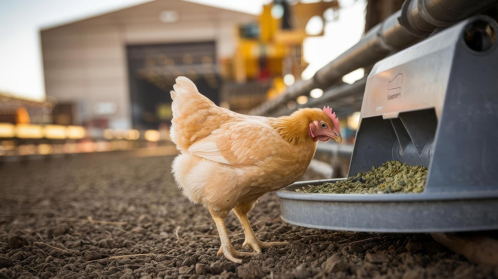 A chicken eating from a feeder on a farm photo