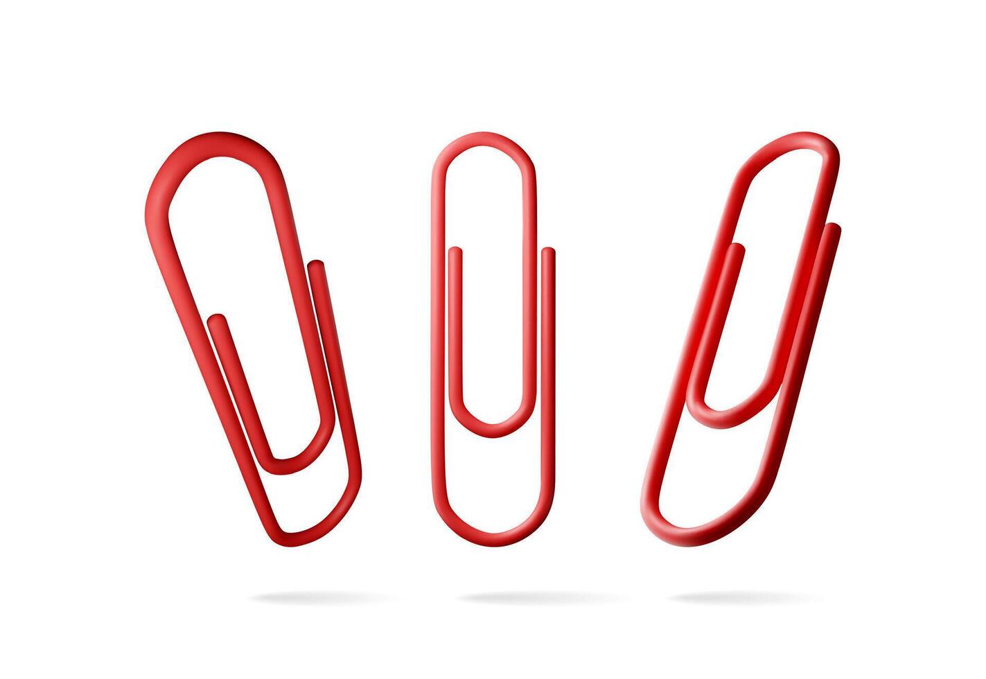 3D set of red paper clips isolated on white. Render collection of paperclip icons. Tools for education and work. Stationery and office supply. vector