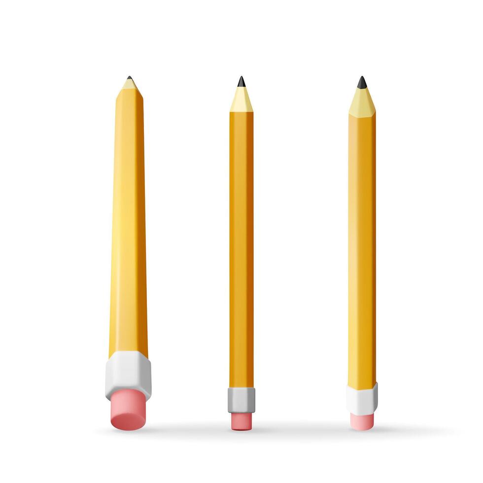 3D set of black pencil with rubber eraser isolated on white. Render collection of orange pencil icon. Stationery, office or school supply. vector