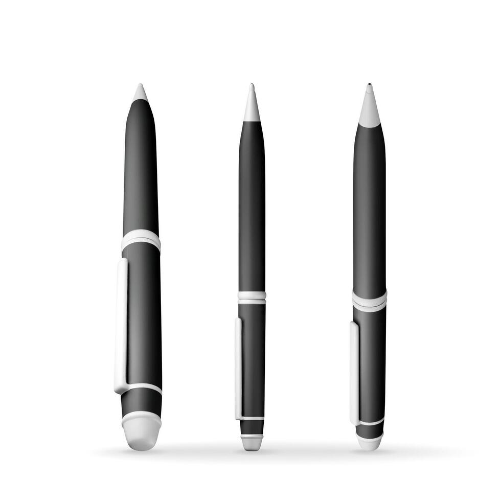 3D set of detailed classic ballpoint pen isolated on white. Render collection of black pen with button. Office and school equipment, stationery. vector