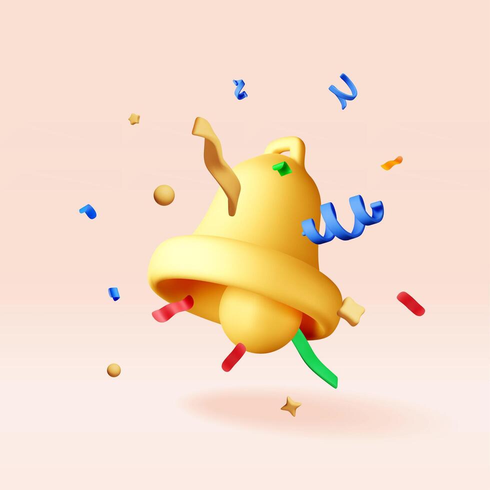 3d golden bell in confetti isolated. Render bell in color confetti explosion icon. Colorful firecracker elements in various shapes. Party, holiday surprise or birthday events vector