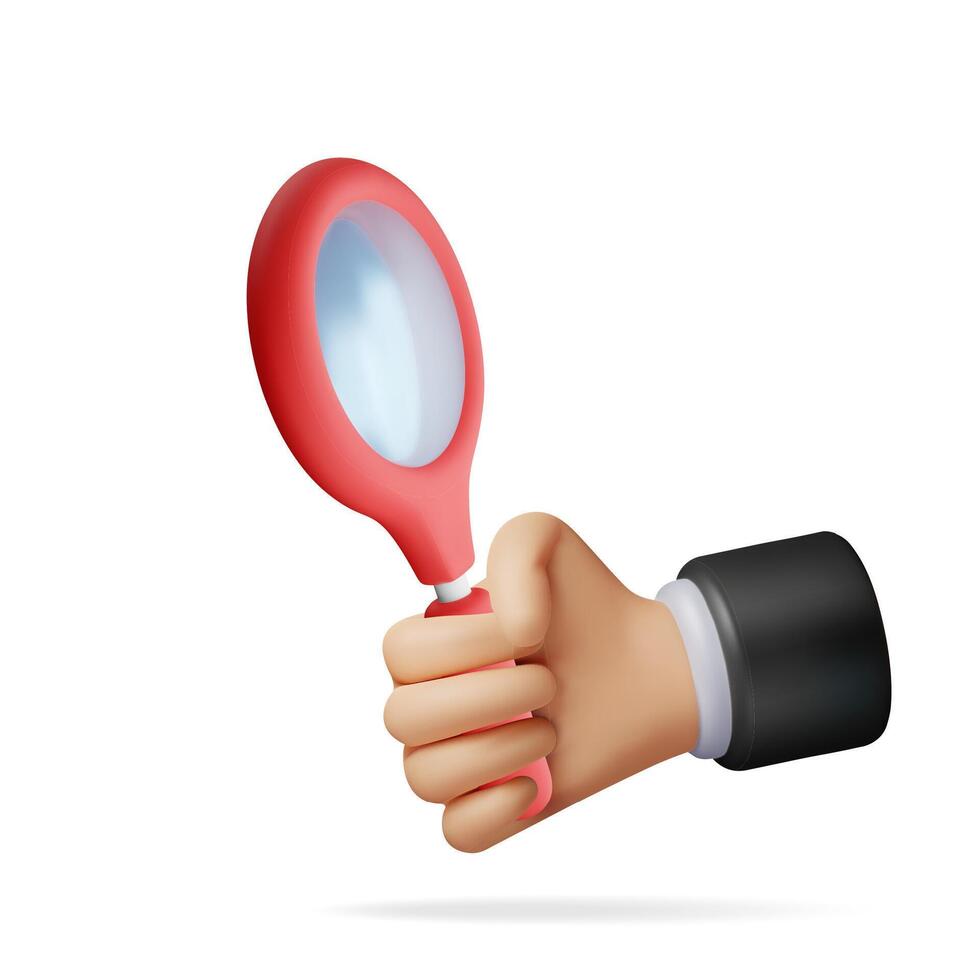 3D red magnifying glass in hand isolated on white. Render plastic cartoon zoom lens. Loupe tool icon. Discovery, analysis, research, investigation vector