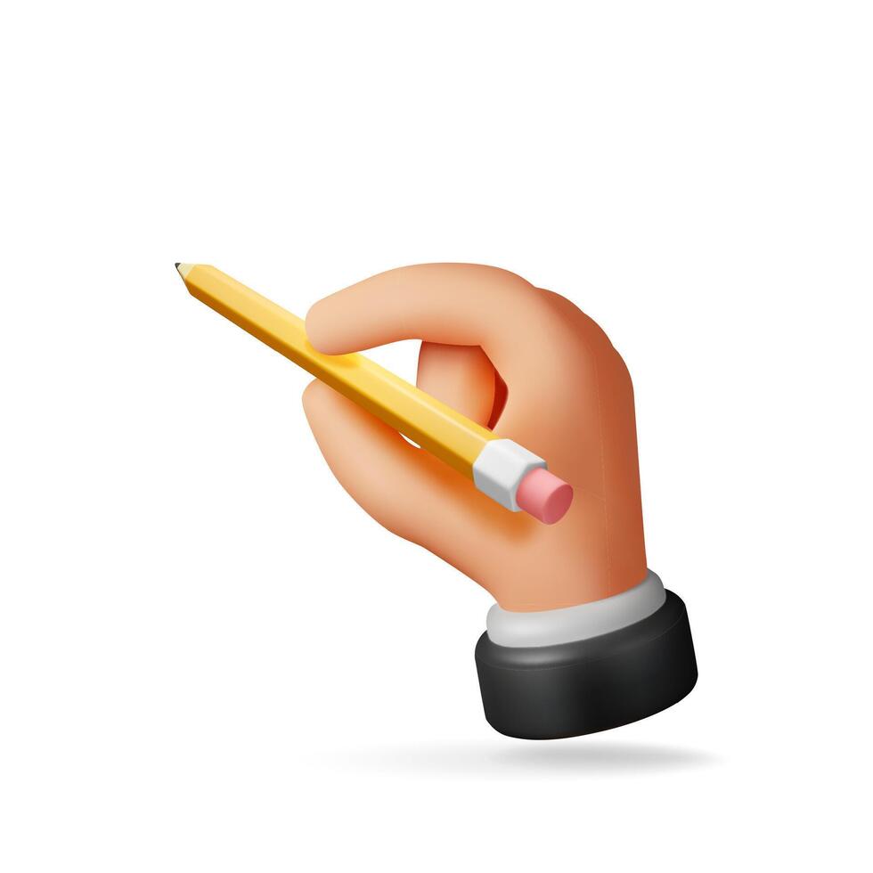 3D detailed classic pencil in hand isolated on white. Render black pencil with eraser. Office and school equipment, stationery vector