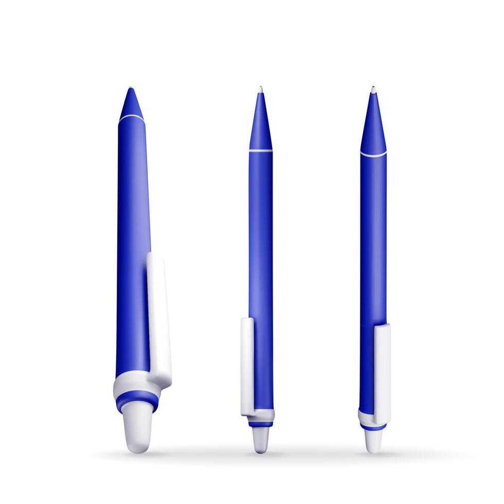 3D set of detailed classic ballpoint pen isolated on white. Render collection of blue pen with button. Office and school equipment, stationery. vector