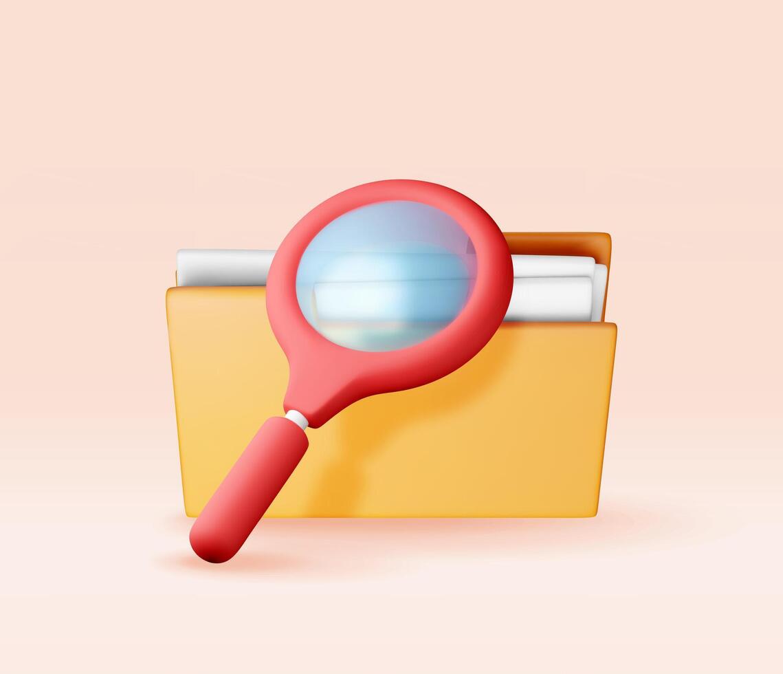 3D document folder with magnifying glass. Render analysis of folder with loupe. Focus research and online data monitoring. Discovery, analysis, research, investigation, search. vector