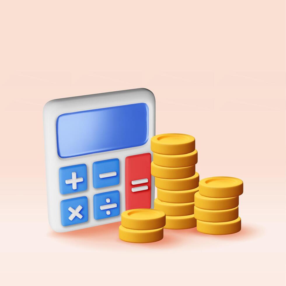 3D modern calculator with golden coins isolated. Mathematics icon. Financial math device with money. Counting budget and savings concept. Cash and taxes, financial management. vector