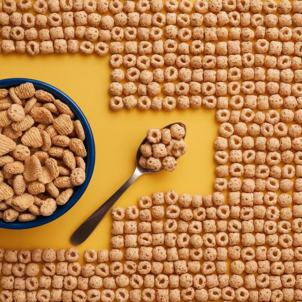 Cereal cereal with spoon and bowl on yellow background photo