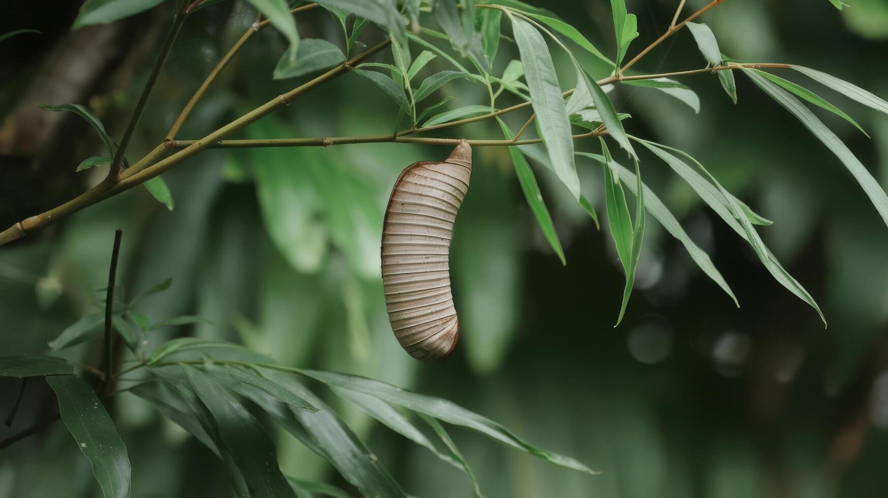 A caterpillar is hanging from a tree branch photo