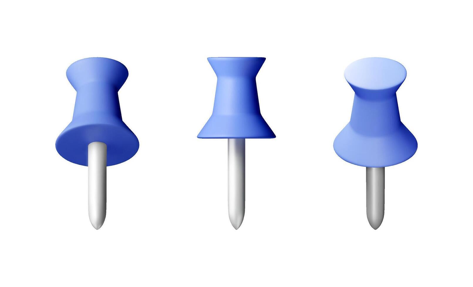3D set of blue push pins isolated on white. Render plastic pushpin, thumbtack. Tools for education and work. Stationery and office supply vector