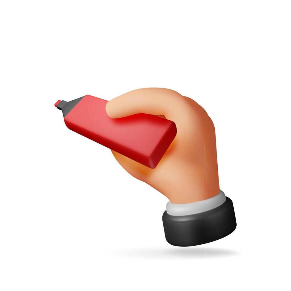 3D wide markers pen in hand isolated on white. Render color marker icon. Watercolor pen. Tool for designer, illustrator, artist. Stationery and office supply. vector