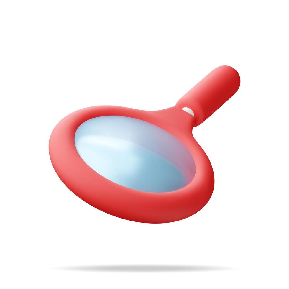 3D red magnifying glass isolated on white. Render plastic cartoon zoom lens. Loupe tool icon. Discovery, analysis, research, investigation, search concept. vector