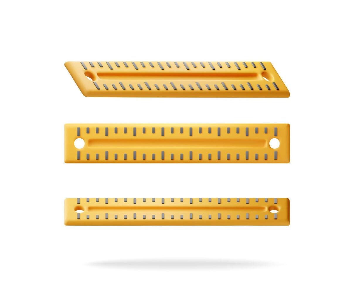 3D set of plastic measuring ruler isolated on white. Render collection of yellow ruler for education and work. Stationery and office supply. Engineering tool vector