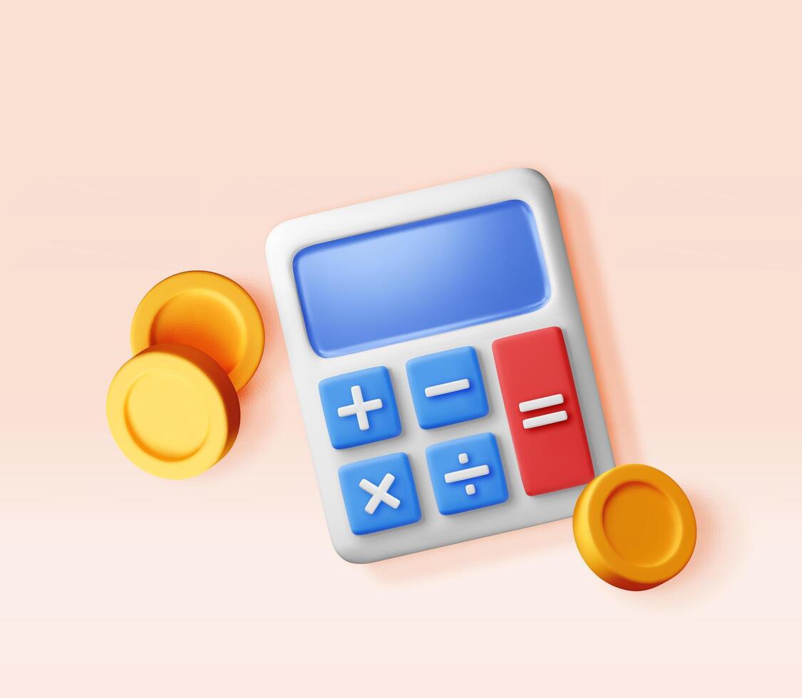 3D modern calculator with golden coins isolated. Mathematics icon. Financial math device with money. Counting budget and savings concept. Cash and taxes vector