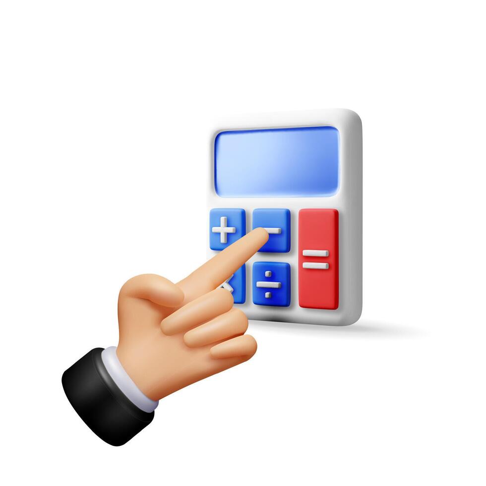 3D modern calculator in hand isolated. Render mathematics icon. Addition, subtraction, multiplication and division buttons. Arithmetic operations. vector