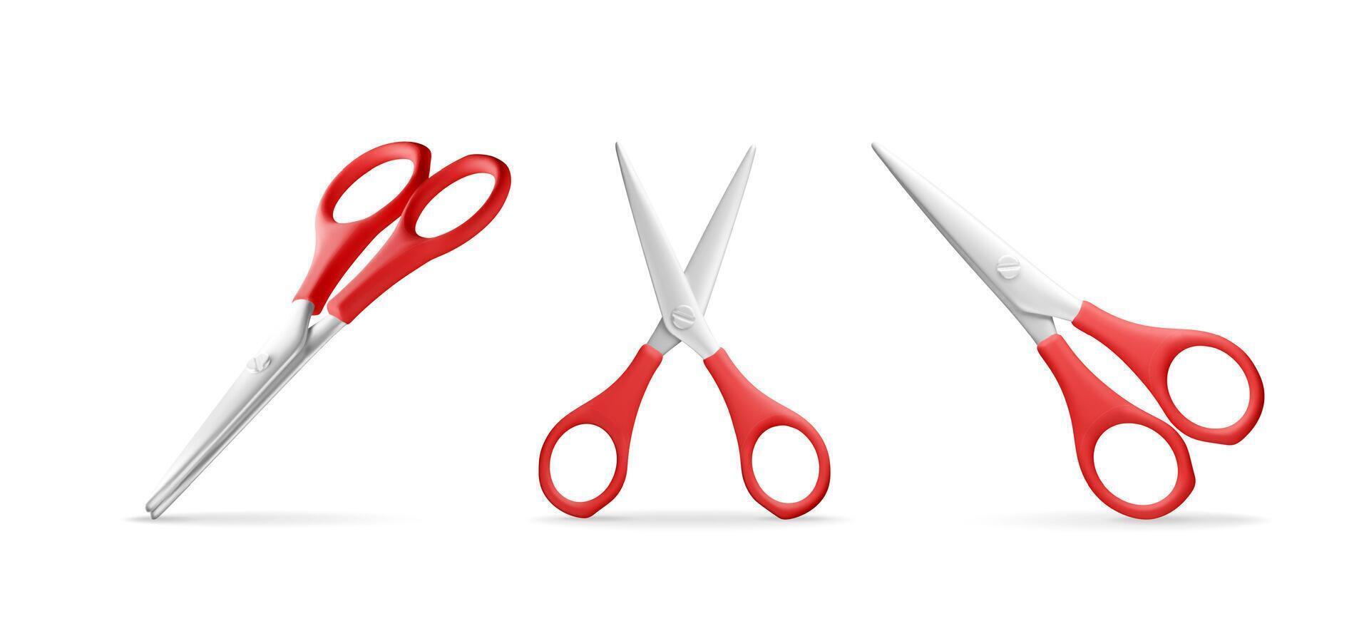 3D set of scissors with red plastic handles isolated on white. Render collection of metal scissors icon. Stationery, office or school supply vector