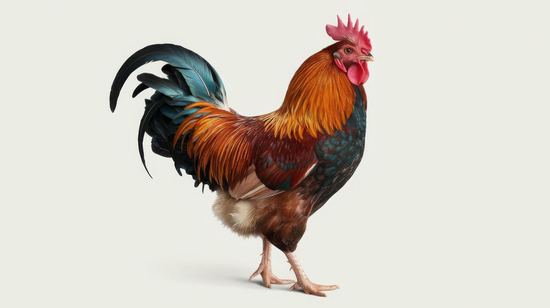 A rooster is standing in front of a white background photo