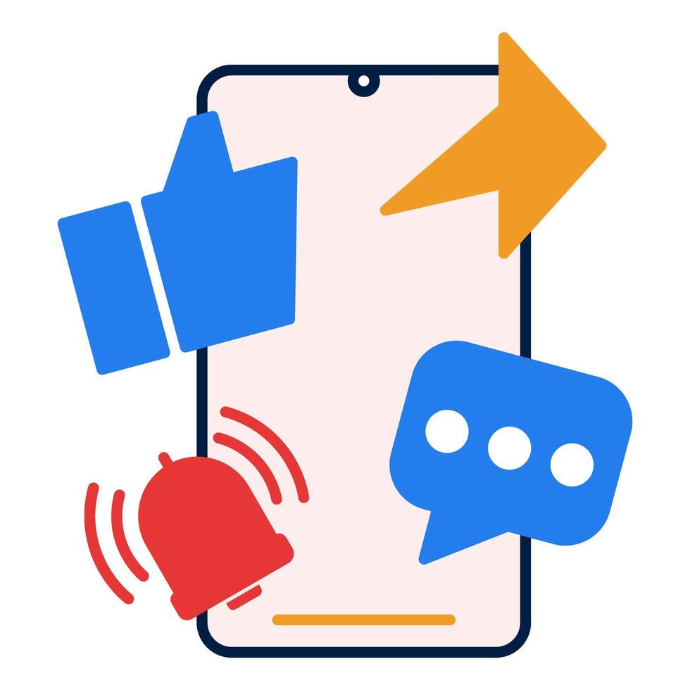 Smartphone displaying notifications like share, like, message, and notification icon vector