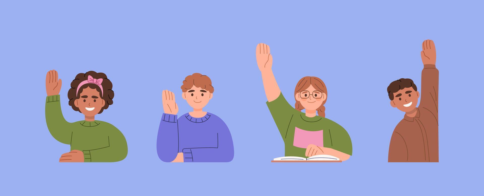 Students raising hands in classroom illustration vector