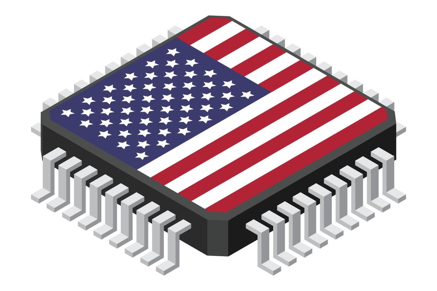 Microchip computer electronic component with USA flag. Microchip icon. Isometric microchip. Computer processor technology. Microprocessor, vector
