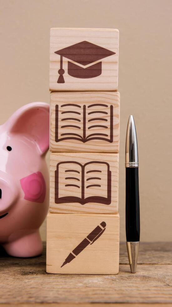 Piggy bank, pen and books with graduation symbols photo