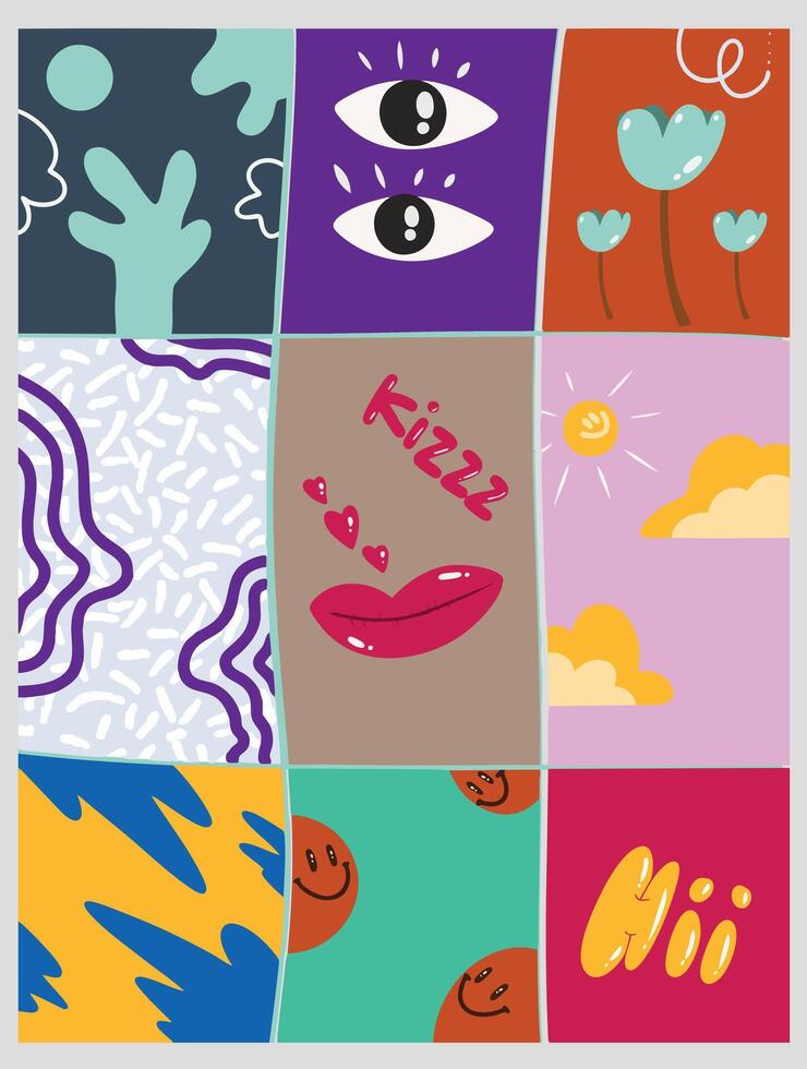 A fun and colorful abstract illustration with eyes, lips, flower, sun, cloud, and smile. vector