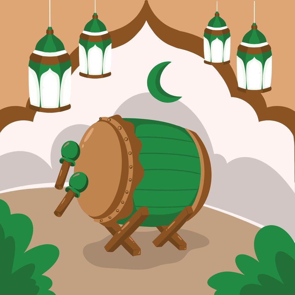 Ramadan and Eid Celebration Illustration with Drum and Lanterns vector