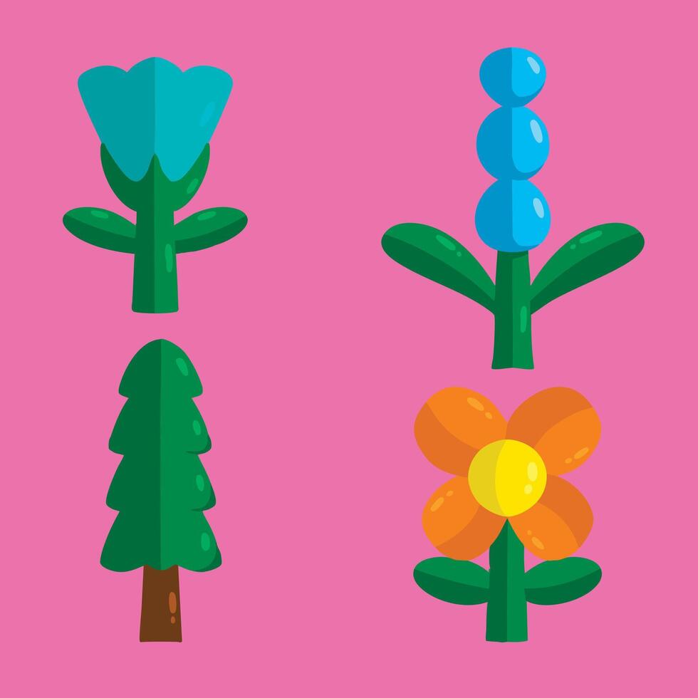 Colorful illustration of various flowers and a tree vector