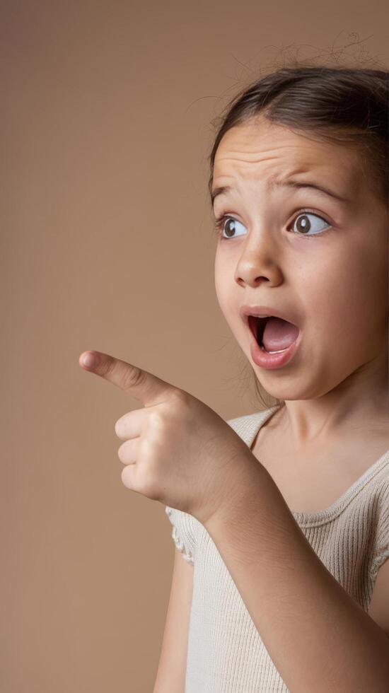 A young girl pointing at something with an open mouth photo