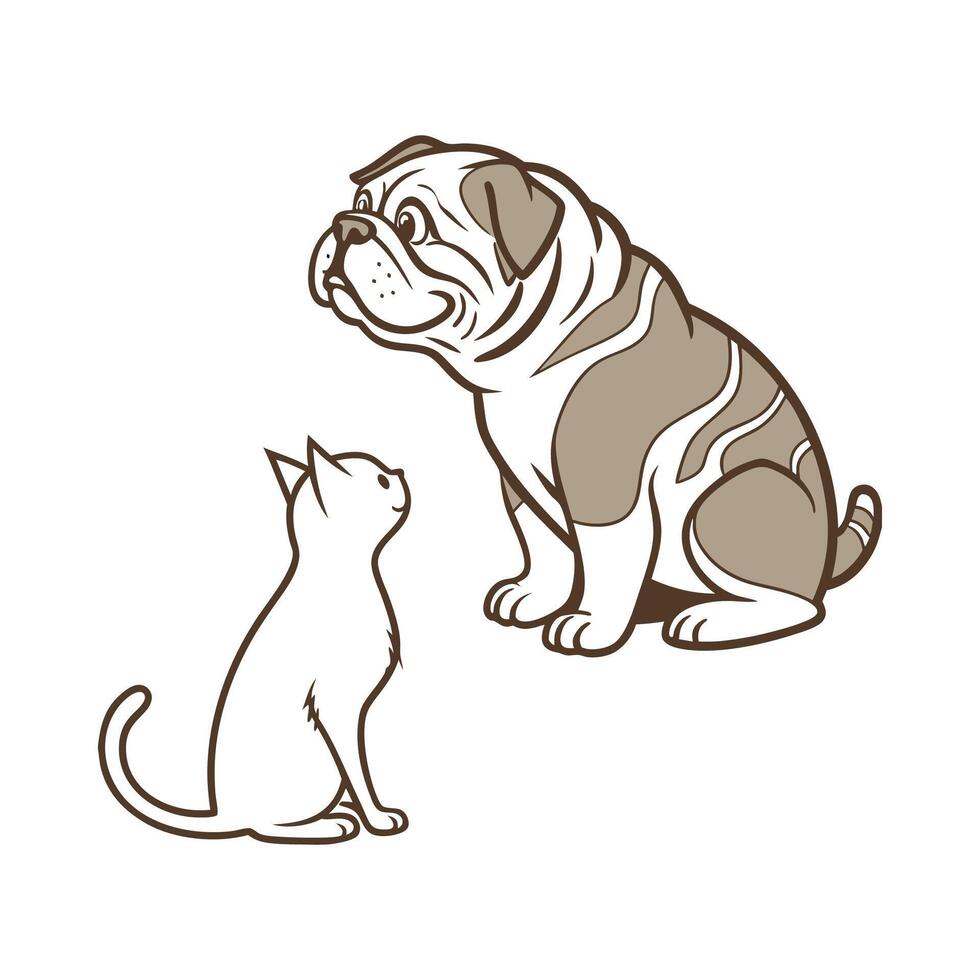 Adorable English Bulldog with Manx Cat vector