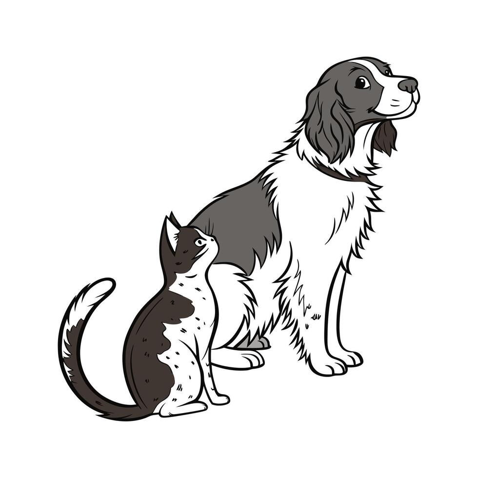 Springer Spaniel and Manx Cat Duo on White vector