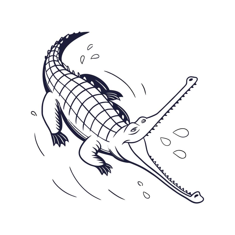 Dynamic Gharial Captured on White Surface vector