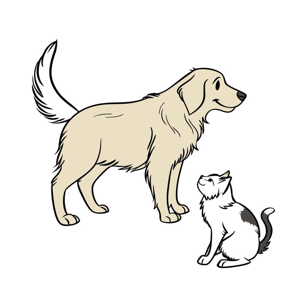 Golden Retriever with Manx Cat on White Background vector