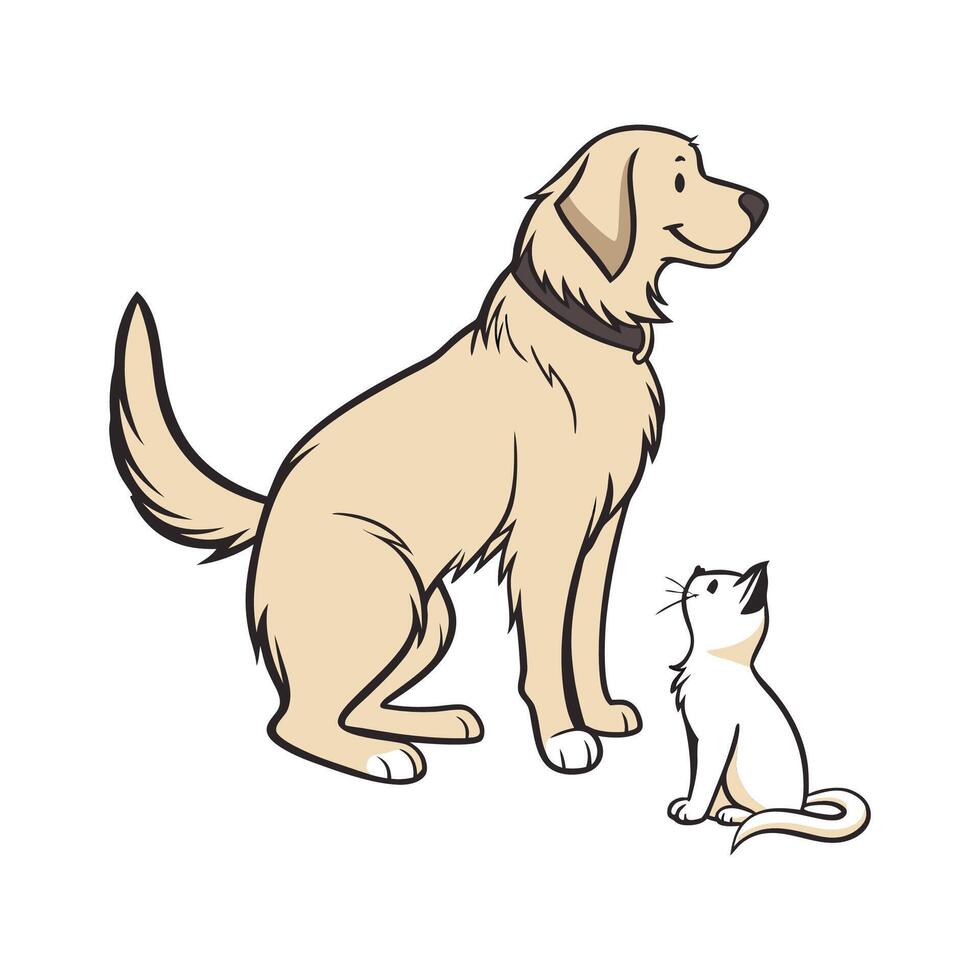 Golden Retriever and Manx Cat on White Surface vector