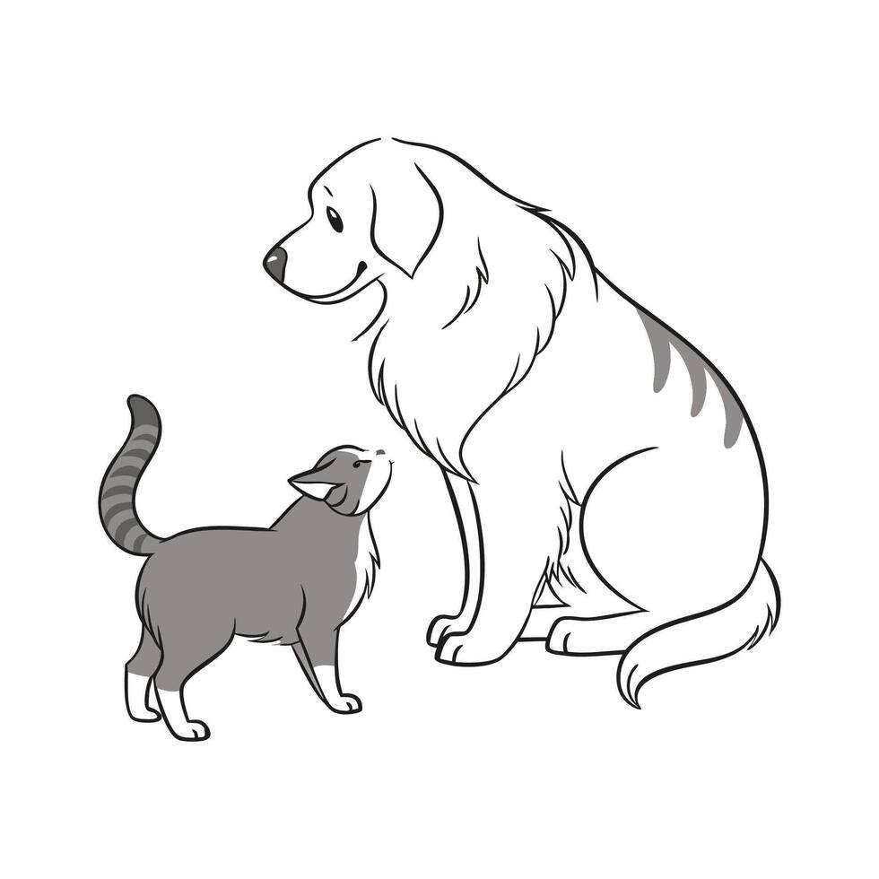 Great Pyrenees Alongside a Manx Cat on White vector