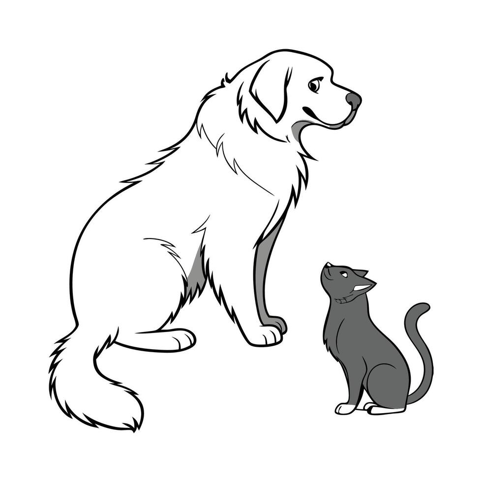 Great Pyrenees with Manx Cat on a White Background vector