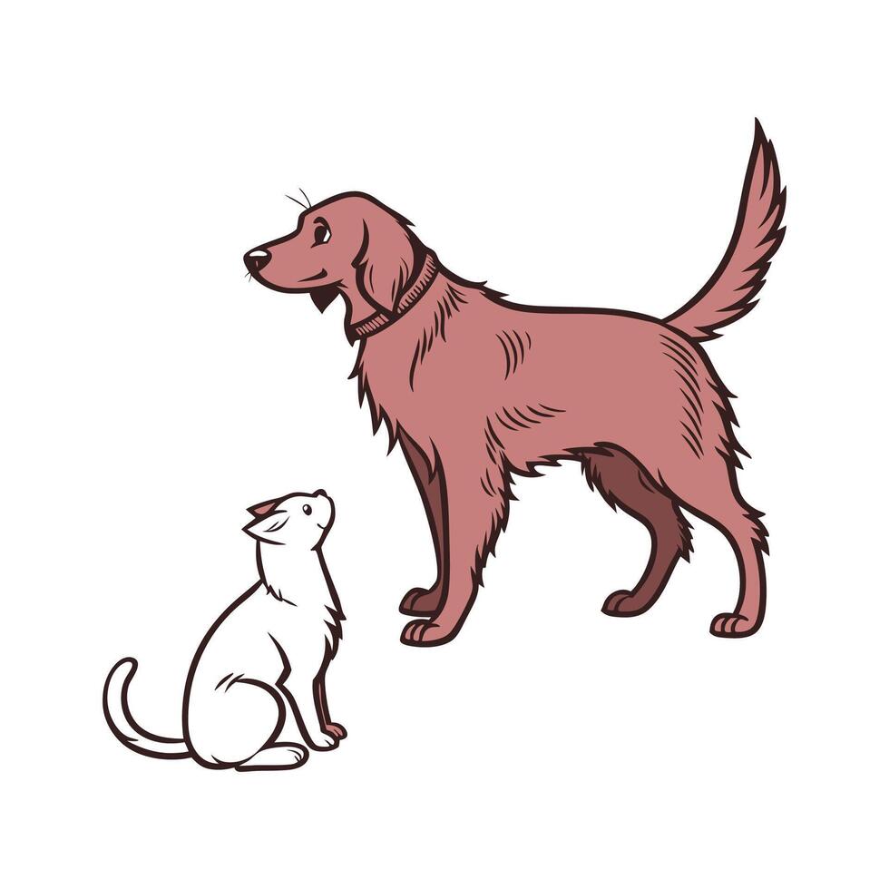 Irish Setter with Manx Cat on White Background vector