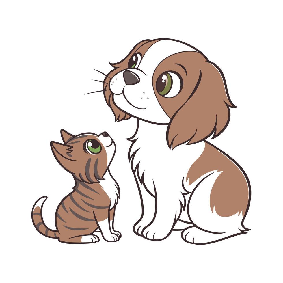Adorable King Charles Spaniel Next to Manx Cat vector