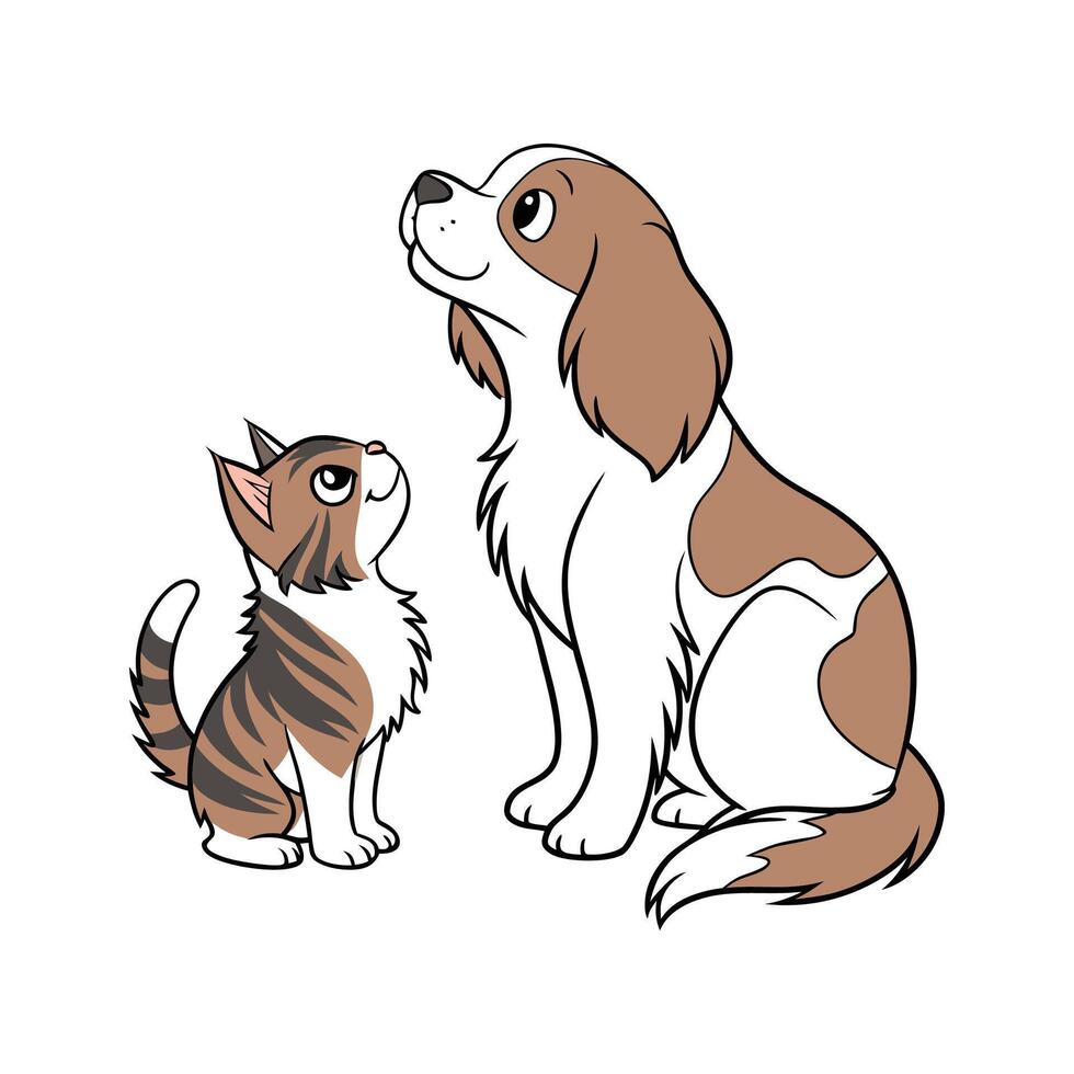 Lovely King Charles Spaniel with Manx Cat. vector