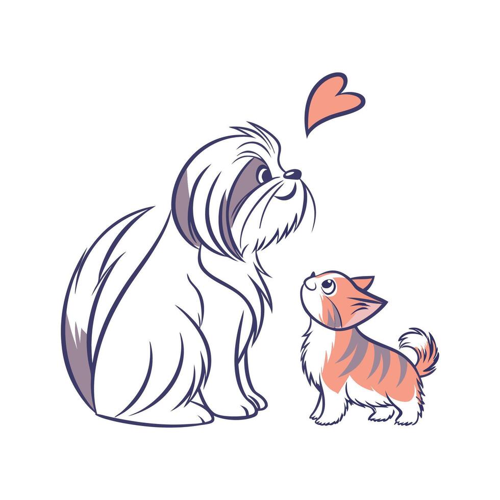 Lhasa Apso and Manx Cat Duo vector