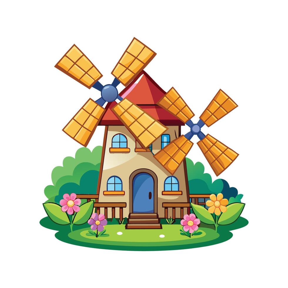 Charming Windmill House with Flower Garden vector