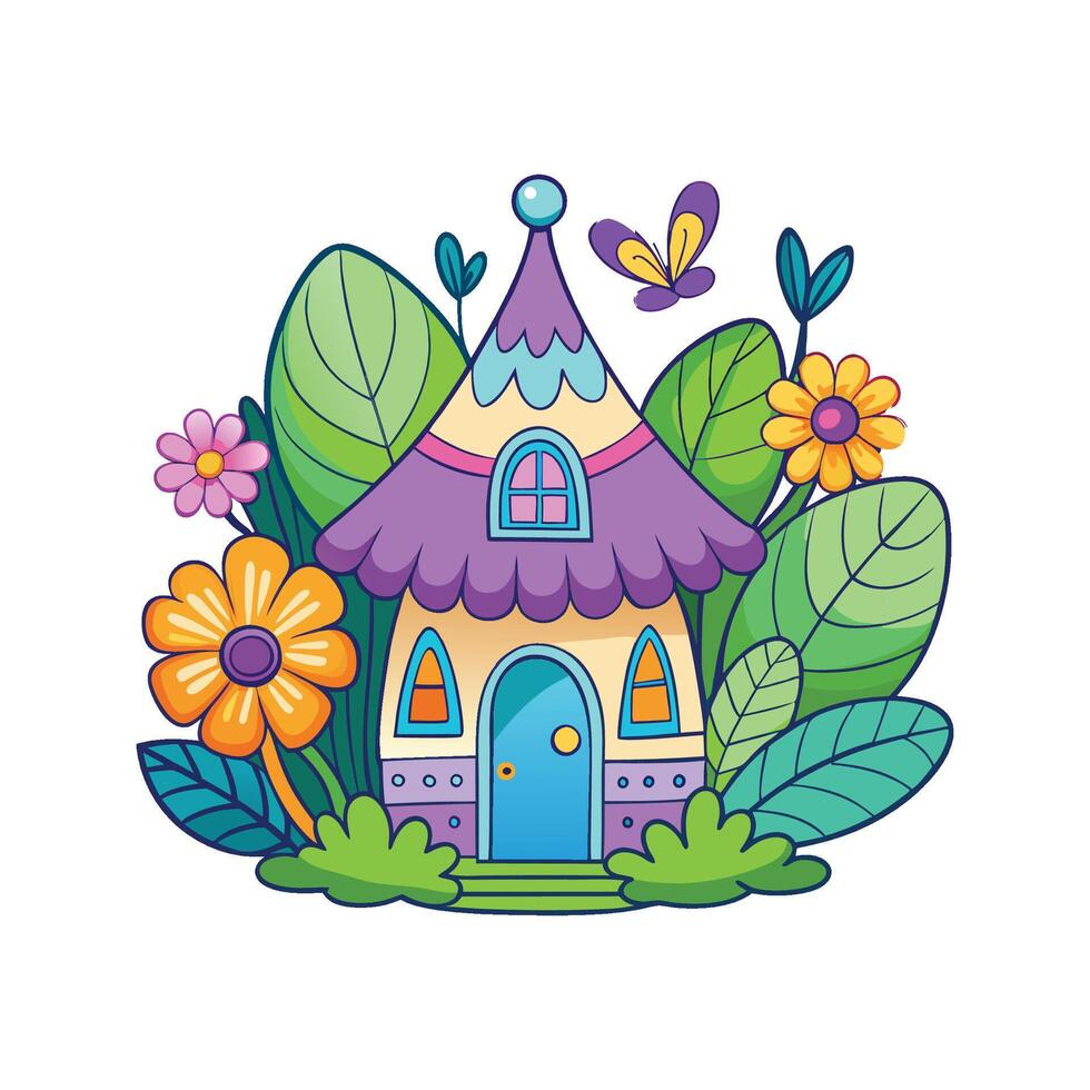 Unique Fairy Cottage with Butterfly Roof vector