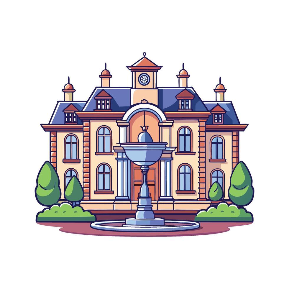 Elegant Luxury Mansion with Beautiful Fountain vector