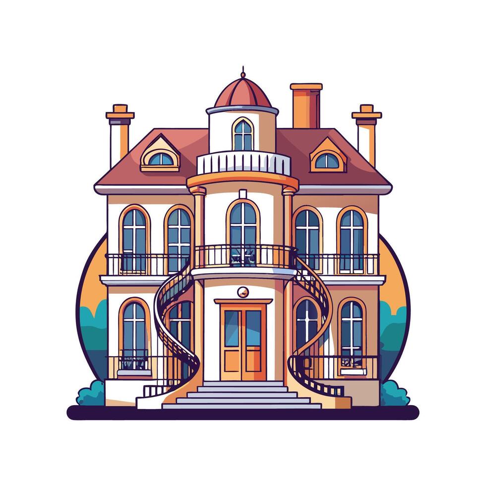 Stunning Mansion with Spiral Staircase and Balcony vector