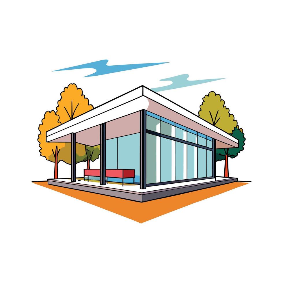 Unique Modern Glass House with Flat Roof vector