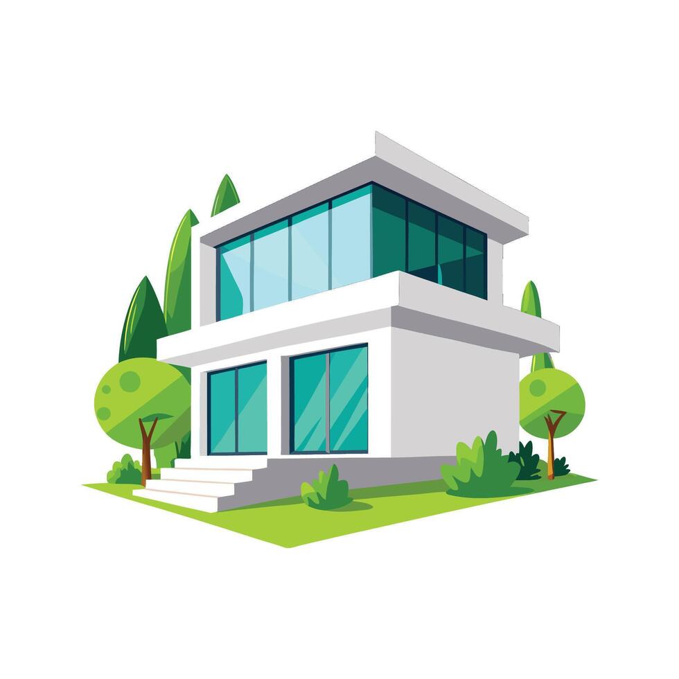 Elegant White Concrete House with Green Roof vector