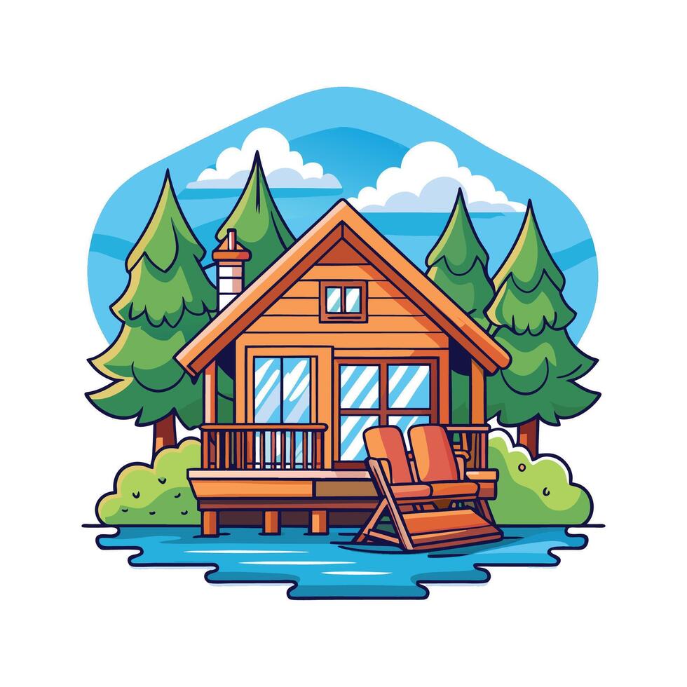 Elegant Riverside Cabin with Porch Design vector